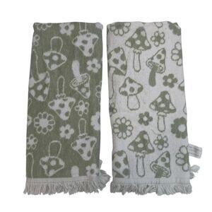 Deborah Connolly Lot 2 Retro Mushroom Hand Towels Reversible Green Terry Fringe